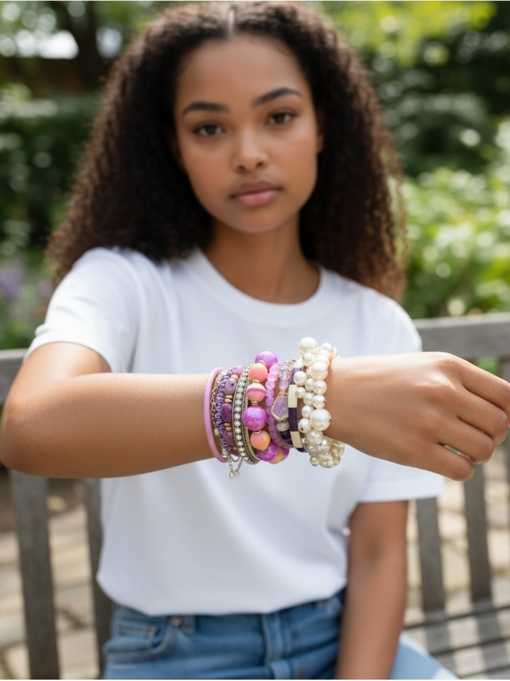 Custom Purple Pink Beaded Bracelet Stack Chunky Faux Pearl Bangles - Picture 4 of 5